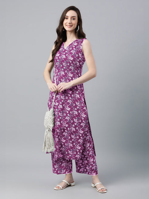 Purple Pure Cotton Floral Printed Straight Kurta Set